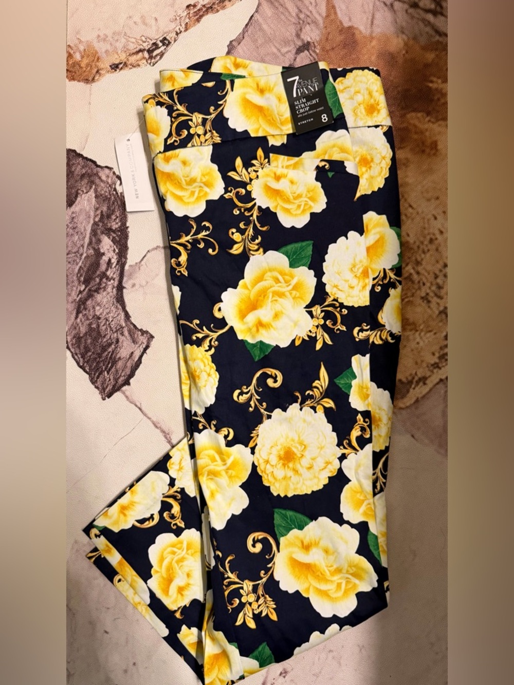 (NWT) New York & Company Navy Cropped Pants with Yellow Floral Design